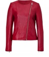 Exquisitely soft in understated modern matte bordeaux coloring, Paul & Joe Sisters lambskin jacket is a modern luxe essential you cant live without - Collarless, long sleeves, zippered cuffs, double zippered layered front, side slit pockets - Tailored fit - Team with pencil skirts, blouses and pumps, or layer over tissue tees with favorite skinny jeans