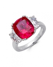 Capturing the light, Crislu's pure platinum ring with a striking ruby red-colored cubic zirconia stone is an eternally glamorous piece that is sure to shine on.