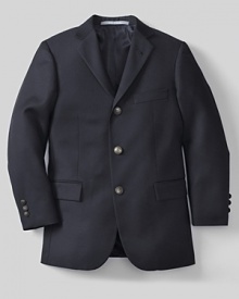 Three button blazer with welt pocket on chest and front besom pockets with flaps. Three button detail on sleeves. Lapel button hole. Center vent, fully lined. Three button blazer with welt pocket on chest and front besom pockets with flaps. Three button detail on sleeves. Lapel button hole. Center vent, fully lined.