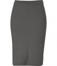 An elegant, allover knit pattern lends this grey wool Alberta Ferretti skirt its ladylike-with-a-twist chic - Pull-on style, with flattering decorative seam detail - Sophisticated and feminine, easily transitions from the office to cocktails or dinner - Medium-rise, curve-hugging pencil cut - Pair with a blazer and blouse, a leather jacket and silk top or a cashmere pullover