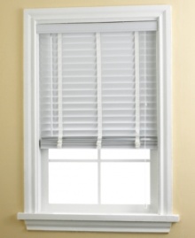 From the kitchen to the study, every room in your home gets an instant style uplift with the addition of distinguished faux-wood blinds. Window treatments feature generously sized 2 panels with the look and texture of real wood, accented by three wide ladder strings. Just turn the control wand to adjust blind angle and pull attached strings to adjust the height. Includes valance. From the kitchen to the study, every room in your home gets an instant style uplift with the addition of distinguished faux-wood blinds. Window treatments feature generously sized 2 panels with the look and texture of real wood, accented by three wide ladder strings. Just turn the control wand to adjust blind angle and pull attached strings to adjust the height. Includes valance.