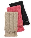 An adorable knit scarf with subtle sequins, embroidered logo accent and fringed trim. A sparkly winter accent from Juicy Couture.