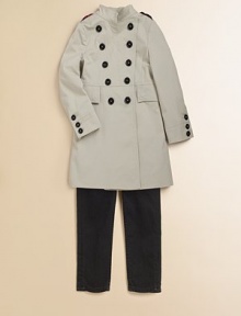 Military details are both sophisticated and feminine in this tailored trench with check trim.Stand collarShoulder epauletsLong sleeves with button cuffsDouble-breasted button frontFront flap pocketsBack half beltBack inverted pleats for fullness97% cotton/3% elastaneDry cleanMade in Italy Please note: Number of buttons may vary depending on size ordered. 