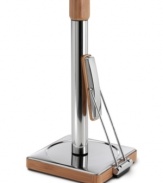 A smooth roll one sheet at a time from a handsome natural bamboo paper towel holder with a stainless steel weighted base that provides steadiness and a tension arm that applies just the right amount of pressure. 5-year warranty.