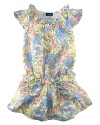 A flurry of ruffles on floral-print chiffon defines an adorable season-spanning dress.