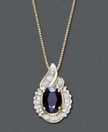 A timeless classic with vintage appeal. This beautiful pendant features an oval-cut sapphire center stone (1 ct. t.w.) surrounded by swirls of sparkling diamonds (1/5 ct. t.w.). Crafted in 14k gold. Approximate length: 18 inches. Approximate drop: 3/4 inch. A timeless classic with vintage appeal. This beautiful pendant features an oval-cut sapphire center stone (1 ct. t.w.) surrounded by swirls of sparkling diamonds (1/5 ct. t.w.). Crafted in 14k gold. Approximate length: 18 inches. Approximate drop: 3/4 inch.