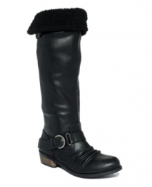 Buck up because cold weather is coming! Pull off your best tough girl impression with the Harlan boots from G by GUESS. A fleece cuff at top warms up the look. Buck up because cold weather is coming! Pull off your best tough girl impression with the Harlan boots from G by GUESS. A fleece cuff at top warms up the look.