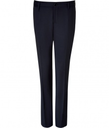 Elegant trousers in fine, navy wool stretch blend - Modern, slim cut is more fitted through legs - Crease detail flatters and elongates the silhouette - Medium rise, button closure and belt loops - Welt pockets at rear - Polished and sleek, an easy go-to in any wardrobe - Dress up with a blazer and button down, or go for a more casual look with a cashmere pullover or light cardigan