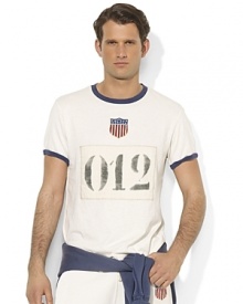 Accented with bold country embroidery to celebrate Team USA's participation in the 2012 Olympic Games, a short-sleeved ringer T-shirt is designed for a trim, modern fit from breathable cotton jersey. Accented with bold country embroidery to celebrate Team USA's participation in the 2012 Olympic Games, a short-sleeved ringer T-shirt is designed for a trim, modern fit from breathable cotton jersey.