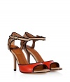 Detailed with black suede trim for a contemporary look, Givenchys colorblocked sandals lend a sleek modern edge to any outfit - Open toe, red front strap, nude cut-out back counter, ankle strap with silver-toned roller buckle, black suede trim - Stiletto high heel - Wear with a silk tee and full mid-length skirt