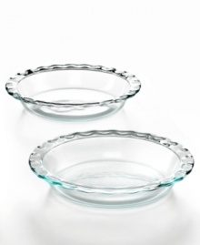 Do a double bake! Packed the Pyrex promise of professional performance, this set of 2 pie dishes lets you bake more. The durable glass constructions move effortlessly from refrigerator to oven to microwave to freezer to dishwasher, so you can prep, present & store, all in the same spot. 2-year limited warranty on bakeware; 1-year limited warranty on plastic covers. Do a double bake! Packed the Pyrex promise of professional performance, this set of 2 pie dishes lets you bake more. The durable glass constructions move effortlessly from refrigerator to oven to microwave to freezer to dishwasher, so you can prep, present & store, all in the same spot. 2-year limited warranty on bakeware; 1-year limited warranty on plastic covers.