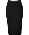 An exquisite choice for business to cocktails looks, Donna Karans stretch wool pencil skirt cuts a flattering feminine figure no matter how you wear it - Black elasticized grosgrain waistband, contoured seaming, hidden back zip, pleated back hemline - Form-fitting - Team with feminine tops and standout statement accessories