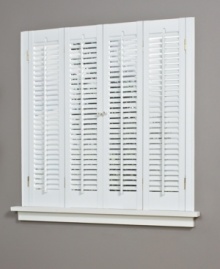 Dress up your windows with the Traditional faux wood shutter. An effortless way to add classic style to any space, it features slim slats which allow for just the right amount of filtered light and a convenient hook latch to keep two shutters closed. Dress up your windows with the Traditional faux wood shutter. An effortless way to add classic style to any space, it features slim slats which allow for just the right amount of filtered light and a convenient hook latch to keep two shutters closed.
