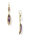 Statement style from Melinda Maria. Here, amethyst marquis earrings are encrusted in gold and make a cool complement to your LBD.