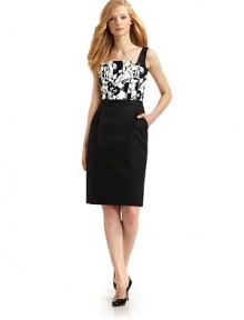 THE LOOKSquare neckline with pleated detailsSleevelessContrast floral bodiceSide pocketsPleated detail on skirtBack zip closureBack pleats with kick pleat hemTHE FITAbout 40 from shoulder to hemTHE MATERIAL96% cotton/4% elastaneContrast: 81% cotton/19% linenFully linedCARE & ORIGINDry cleanImportedModel shown is 5'10½ (179cm) wearing US size 4. THE LOOKSquare neckline with pleated detailsSleevelessContrast floral bodiceSide pocketsPleated detail on skirtBack zip closureBack pleats with kick pleat hemTHE FITAbout 40 from shoulder to hemTHE MATERIAL96% cotton/4% elastaneContrast: 81% cotton/19% linenFully linedCARE & ORIGINDry cleanImportedModel shown is 5'10½ (179cm) wearing US size 4.