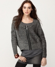 An exposed zipper closure & inside-out seam details adds edge to this Kensie cardigan for cute cold-weather style!