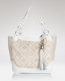 Tap into this season's homespun trend with Rafe New York's woven fabric tote. With a roomy silhouette and leather trims, this bag takes flight with oversized frames and flat sandals. Tap into this season's homespun trend with Rafe New York's woven fabric tote. With a roomy silhouette and leather trims, this bag takes flight with oversized frames and flat sandals.