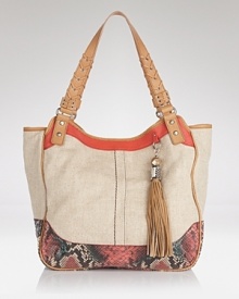 Bag an eclectic accessory with Rafe New York's linen and leather tote. Marrying a roomy silhouette and exotic details, this bag takes flight with oversized frames and flat sandals. Bag an eclectic accessory with Rafe New York's linen and leather tote. Marrying a roomy silhouette and exotic details, this bag takes flight with oversized frames and flat sandals.