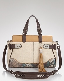 Bag an eclectic accessory with Rafe New York's linen and leather tote. Marrying a roomy silhouette and exotic details, this bag hits the tarmac with with oversized frames and flat sandals. Bag an eclectic accessory with Rafe New York's linen and leather tote. Marrying a roomy silhouette and exotic details, this bag hits the tarmac with with oversized frames and flat sandals.