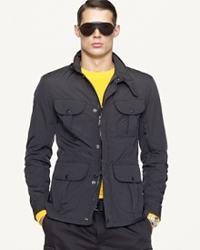 Crafted in a trim fit from sleek, water-repellent technical oxford, this Black Label riding jacket features plenty of pockets and rugged leather trim for a modern utilitarian look. Crafted in a trim fit from sleek, water-repellent technical oxford, this Black Label riding jacket features plenty of pockets and rugged leather trim for a modern utilitarian look.