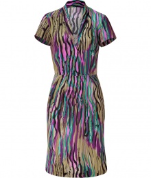 Luxe shirtdress in fine, pure patterned silk - Super-soft, lightweight material drapes like a dream - Vibrant and ultra-chic in lush shades of pink, purple and green - Slim bodice with deep v-neck, small collar and short sleeves - Straight skirt hits above the knee - Elegant and eye-catching, perfect for parties and cocktails - Pair with peep toe pumps, wedges or leather sandals and a clutch