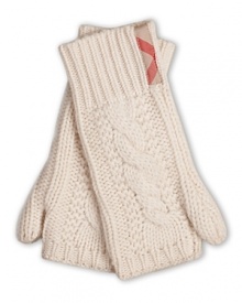 Cozy cable knit wrist warmers with thumb and peekaboo finger opening. Cozy cable knit wrist warmers with thumb and peekaboo finger opening.
