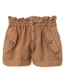 These playful Burberry shorts feature a paperbag waist for fashionable little ones. These playful Burberry shorts feature a paperbag waist for fashionable little ones.