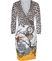 Detailed with a wild mix of creatures and leopard spots, Roberto Cavallis printed wrap dress is an ultra contemporary way to wear the brands iconic look - Wrapped V-neckline, 3/4 sleeves, hidden side zip - Form-fitting - Wear with solid colored accessories and statement chunky jewelry