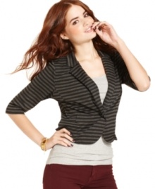 A cute layer for casual days, American Rag's three-quarter sleeve knit blazer features endless stripes and cool cropped style.