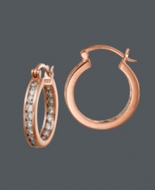 Get everlasting style in a sweet kiss of caramel. B. Brilliant's trendy 14k rose gold over sterling silver hoop earrings feature a click backing and dozens of bezel-set, round-cut cubic zirconias (1-1/3 ct. t.w.). Approximate diameter: 1/2 inch.