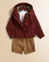 This essential topper has an attached hood, plenty of pockets and the requisite check lining to help her battle this elements in style.Attached hood with button closureShoulder epauletsLong sleeves with button cuffsAngled flap pockets with button closureRear-vented hemFully linedCottonDry cleanImported Please note: Number of buttons may vary depending on size ordered. 