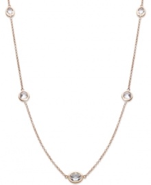 Layer yourself with inches of sparkle. This delicate necklace is crafted in 14k rose gold over sterling silver, with round-cut white topaz stations (4 ct. t.w.). Approximate length: 17 inches. Layer yourself with inches of sparkle. This delicate necklace is crafted in 14k rose gold over sterling silver, with round-cut white topaz stations (4 ct. t.w.). Approximate length: 17 inches.