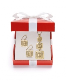Channel divine style in this Greek-inspired jewelry set. Necklace and earrings feature a unique cut-out key design crafted in 14k gold over sterling silver and sterling silver. Approximate necklace length: 18 inches. Approximate pendant drop: 2 inches. Approximate earring drop: 1-1/4 inches. Wrapped & ready to give in a red gift box; while supplies last. Channel divine style in this Greek-inspired jewelry set. Necklace and earrings feature a unique cut-out key design crafted in 14k gold over sterling silver and sterling silver. Approximate necklace length: 18 inches. Approximate pendant drop: 2 inches. Approximate earring drop: 1-1/4 inches. Wrapped & ready to give in a red gift box; while supplies last.