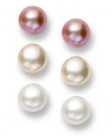 All the shimmer you need, in one sophisticated set. Three pairs of pretty cultured freshwater pearls (8-8-1/2 mm) come in white, ivory and pink set in sterling silver. Approximate diameter: 1/3 inch. All the shimmer you need, in one sophisticated set. Three pairs of pretty cultured freshwater pearls (8-8-1/2 mm) come in white, ivory and pink set in sterling silver. Approximate diameter: 1/3 inch.