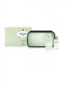 Prada Infusion d'Iris, a floral citrus fragrance, balances the clean fresh scent of the Iris Pallida with the subtlety of mandarin creating a dreamlike experience for the senses. Set includes: Eau de parfum spray, 3.4 oz.; Hydrating Body Lotion, 3.4 oz.; and a green signature Prada Parfums cosmetic pouch. Prada Infusion d'Iris, a floral citrus fragrance, balances the clean fresh scent of the Iris Pallida with the subtlety of mandarin creating a dreamlike experience for the senses. Set includes: Eau de parfum spray, 3.4 oz.; Hydrating Body Lotion, 3.4 oz.; and a green signature Prada Parfums cosmetic pouch.