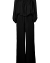 Channel disco-luxe style with this flattering silk jumpsuit from Halston Heritage - Blouson top with tie neck detail, billowy sleeves with elasticized cuffs, high waist, wide leg, relaxed silhouette -Pair with sky-high platforms, a statement clutch, and oversized gold hoop earrings