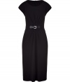 Bring high style to your cocktail look with this edged up LBD from Michael Kors - Round neck, cap sleeves, buckle-detailed waistline with draped detail, fitted silhouette, concealed back zip closure - Style with a leather jacket and pumps for office-to-evening cool