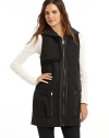 THE LOOKQuilted hoodWool blend stand collarSleevelessSingle gun flapZip frontDual welt & zip pocketsTonal pipingBack button tab detailTHE FITAbout 30½ from shoulder to hemTHE MATERIAL43% wool/30% rayon/27% polyesterTrim & fill: polyesterFully linedCARE & ORIGINDry cleanImported