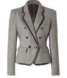 This stylish blazer add some formal elegance to your work wardrobe - Made of fine wool-viscose blend with a salt and pepper look - Decorative leather piping - Slim and fitted with fashionable flap pockets and double row of buttons - Perfect for the office with matching suit pants and heels or with skinny jeans and peep toes for a chic, relaxed look