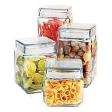 Set of 4 glass canisters with rubber rimmed lids for freshness! Sizes are: Small-24 oz., Med-40 oz., Large-56 oz., XL-72 oz. Set of 4 glass canisters with rubber rimmed lids for freshness! Sizes are: Small-24 oz., Med-40 oz., Large-56 oz., XL-72 oz.