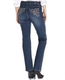 Look your slimmest in these Style&co. petite straight-leg jeans, featuring a special tummy-smoothing panel at the front! A classic medium wash is upgraded by rhinestones and prettily embroidered pockets. Look your slimmest in these Style&co. petite straight-leg jeans, featuring a special tummy-smoothing panel at the front! A classic medium wash is upgraded by rhinestones and prettily embroidered pockets.