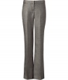 Elegant trousers in fine platinum grey wool blend  - Tab waistband, two hip pockets and slit pockets at rear - Modern silhouette and slim cut - Straight leg with flattering crease detail and slight flare - Chic and polished, ideal for the office and cocktails - Pair with blazers, cropped leather jackets or cashmere pullovers and platform pumps