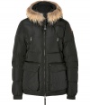 Stay warm in style with this cozy down jacket from Parajumpers - Raccoon fur-lined hood, front zip closure, long sleeves, zip pockets at chest and flap pockets at waist, slim fit, quilted - Perfect for a day on the slopes or a cold day in the city