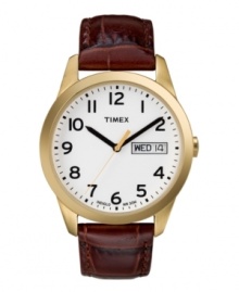 Modern traditional. The classic watch by Timex sports a round goldtone mixed metal case and sophisticated crocodile-embossed leather strap in versatile brown. White Indiglo dial with black numerals and hour and minute hands. Day/date window. Water resistant to 30 meters. One-year limited warranty.