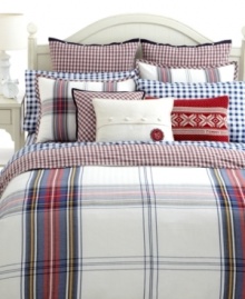 A mark of excellence. Ivory wool flannel is folded across the center of this stylish decorative pillow with soft wool buttons. A rich red Tommy Hilfiger crest applique heightens its collegiate look. A mark of excellence. Ivory wool flannel is folded across the center of this stylish decorative pillow with soft wool buttons. A rich red Tommy Hilfiger crest applique heightens its collegiate look.