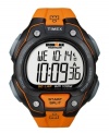 On your mark, get set, go. Sport watch by Timex crafted of orange resin strap and round black plastic case. Positive digital display dial features time, day, date and Indiglo night light. Quartz movement. Water resistant to 100 meters. One-year limited warranty.