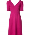 Feminine and flattering, Goats bright magenta wool-crepe dress is a chic choice for work and cocktails alike - V-neckline in front and back with front fold detail, pleated shoulders, cuffed short sleeves, hidden back zip - Fitted bodice and waist, full skirt, A-line silhouette - Wear with a sleek black clutch and matching pointy-toe pumps