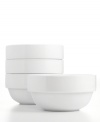 Keep the table and kitchen clean with Stakks dinnerware. The dishes from Tabletops Unlimited include these white porcelain cereal bowls for everyday use, in a shape designed for efficient stacking and storage. Ideal for apartment living!