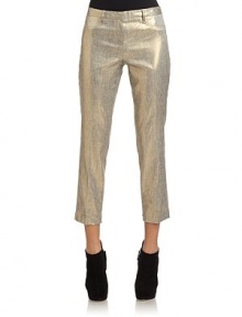 THE LOOKAllover metallic sheenWaistband with belt loopsZip fly with button closureMock front pocketsBack welt pocketsTHE FITRise, about 9Inseam, about 23THE MATERIALLinen/polyester/viscose/elastaneFully linedCARE & ORIGINHand washImportedModel shown is 5'9 (175cm) wearing US size 4. THE LOOKAllover metallic sheenWaistband with belt loopsZip fly with button closureMock front pocketsBack welt pocketsTHE FITRise, about 9Inseam, about 23THE MATERIALLinen/polyester/viscose/elastaneFully linedCARE & ORIGINHand washImportedModel shown is 5'9 (175cm) wearing US size 4.