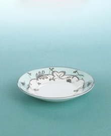 The rolling edges of an antique heirloom plate that caught Martha's fancy are refined here to a spare and contemporary form. Flourish's crisp, clean rim is touched with the lightest blush of Robin's Egg, and draped with berries and leaves. Marrying modernism with the tradition of delicate, intricate drawing, this service becomes a fresh new statement on style and elegance. The rolling edges of an antique heirloom plate that caught Martha's fancy are refined here to a spare and contemporary form. Flourish's crisp, clean rim is touched with the lightest blush of Robin's Egg, and draped with berries and leaves. Marrying modernism with the tradition of delicate, intricate drawing, this service becomes a fresh new statement on style and elegance.